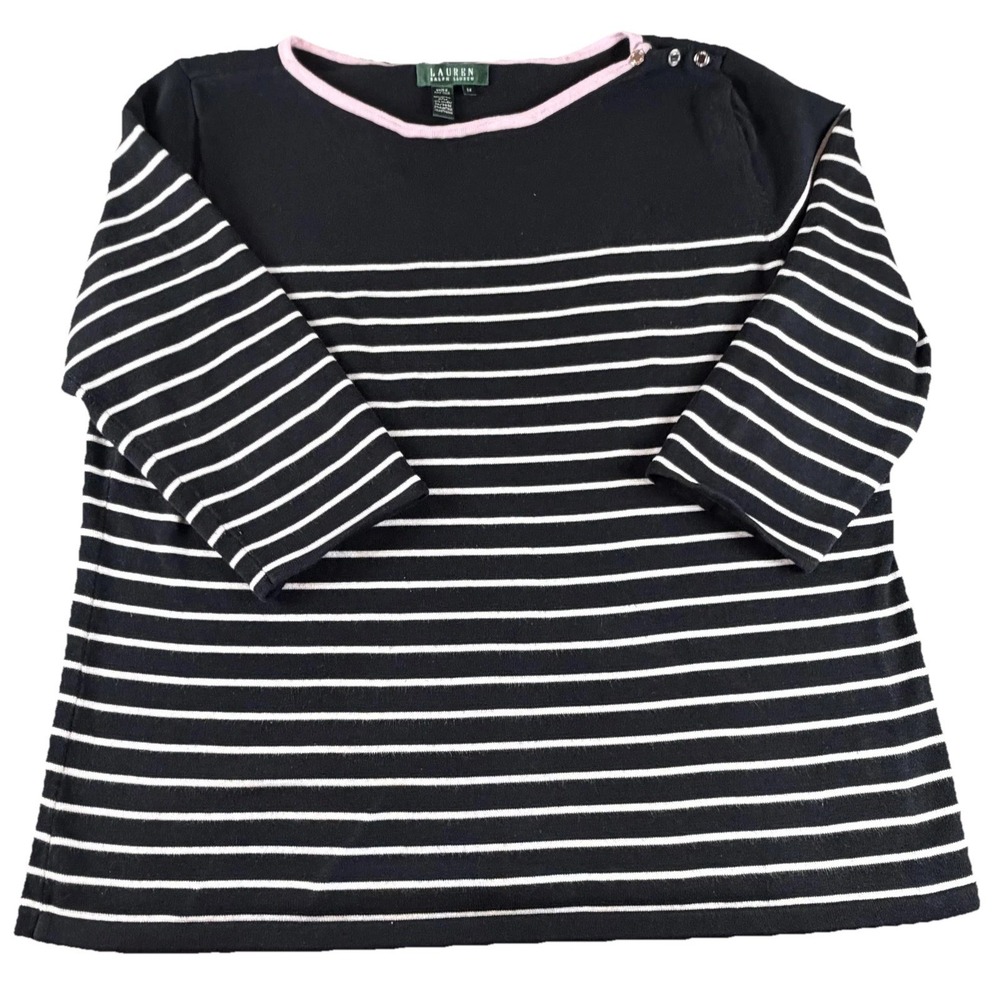 Lauren Ralph Lauren Sweater Womens 3X Black Striped Knit 3/4 Sleeve Boat Neck